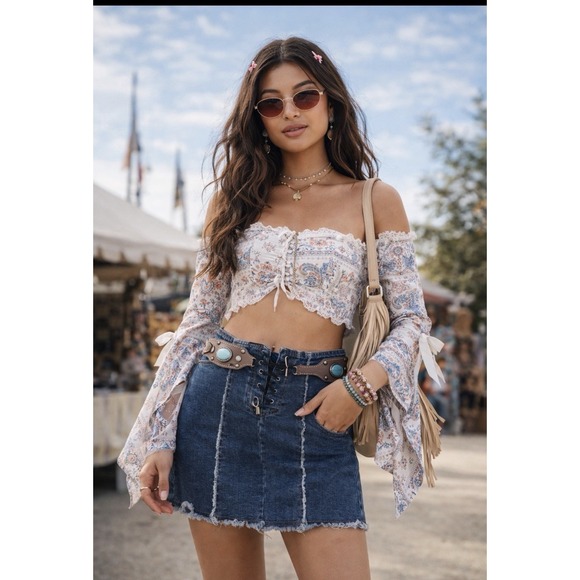 Renee S Dresses & Skirts - VTG Lace UpDenim Mini Skirt Y2K Size Med Boho   Festival Raw Hem 90s Grunge